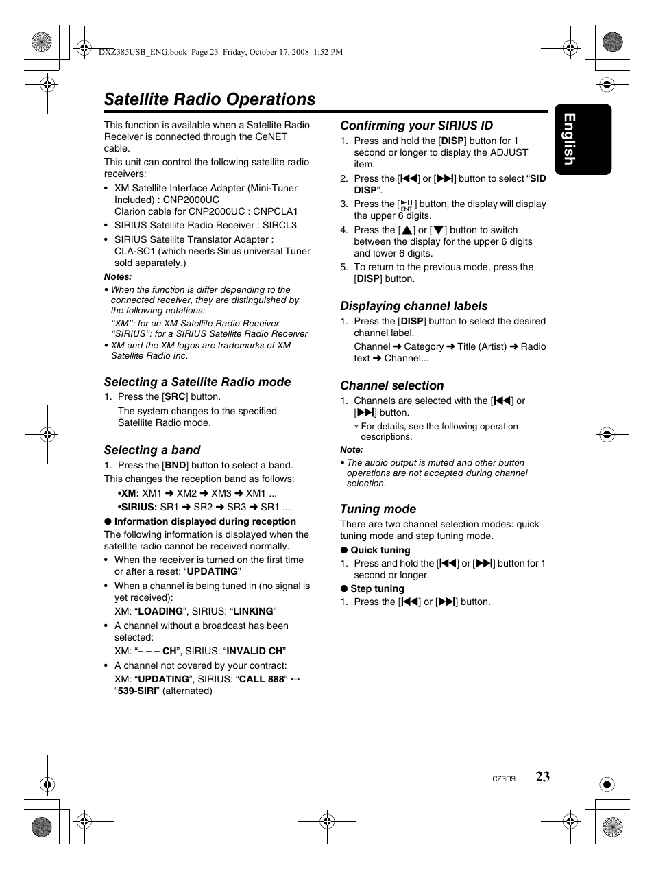 Satellite radio operations, English 23 | Clarion CD/USB/MP3/WMA/AAC Receiver with CeNET Control CZ309 User Manual | Page 23 / 31