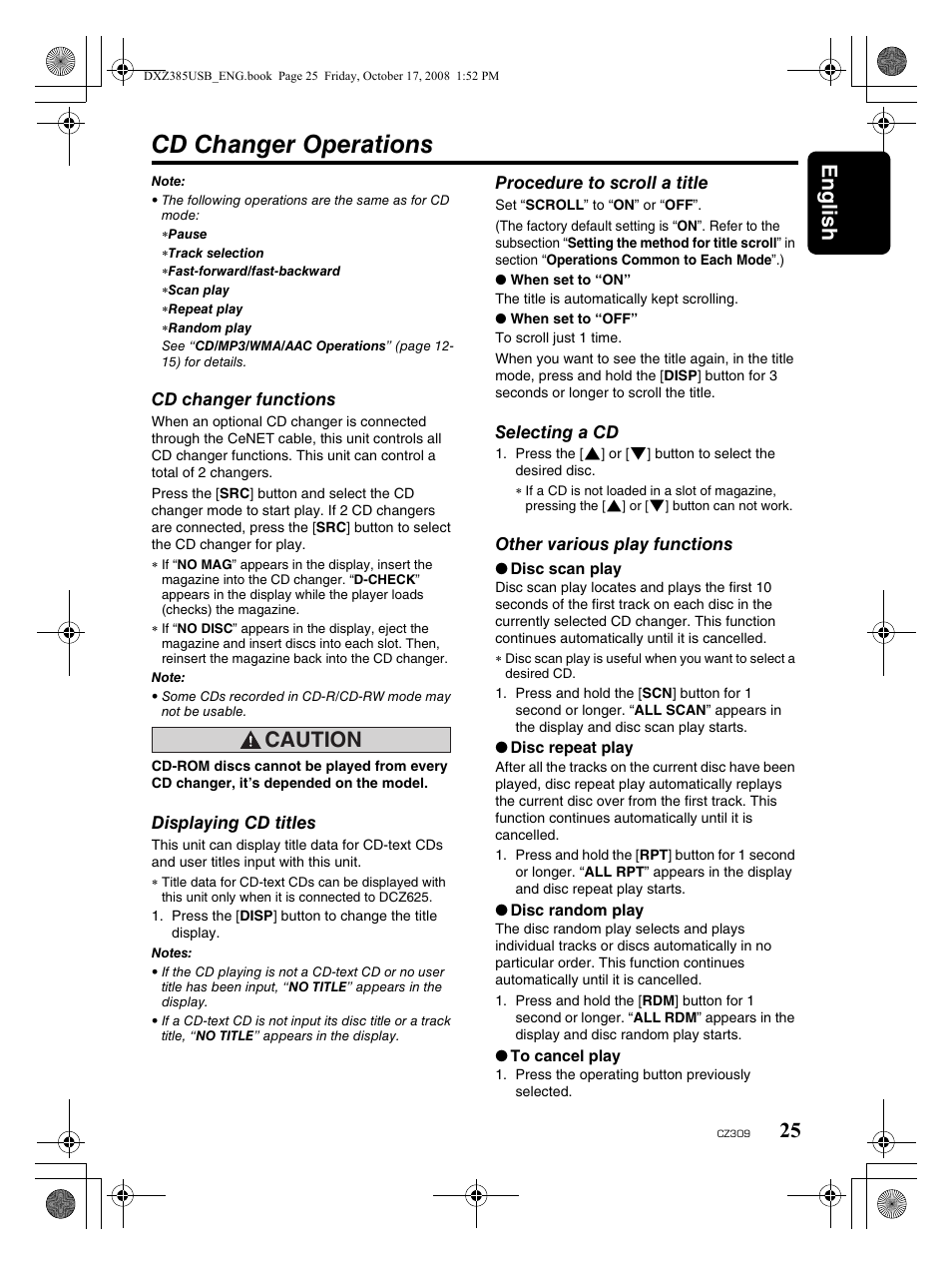Cd changer operations, English 25, Caution | Clarion CD/USB/MP3/WMA/AAC Receiver with CeNET Control CZ309 User Manual | Page 25 / 31