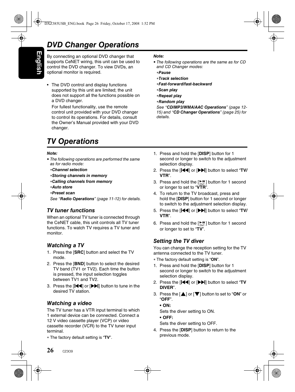 Dvd changer operations, Tv operations, English 26 | Clarion CD/USB/MP3/WMA/AAC Receiver with CeNET Control CZ309 User Manual | Page 26 / 31