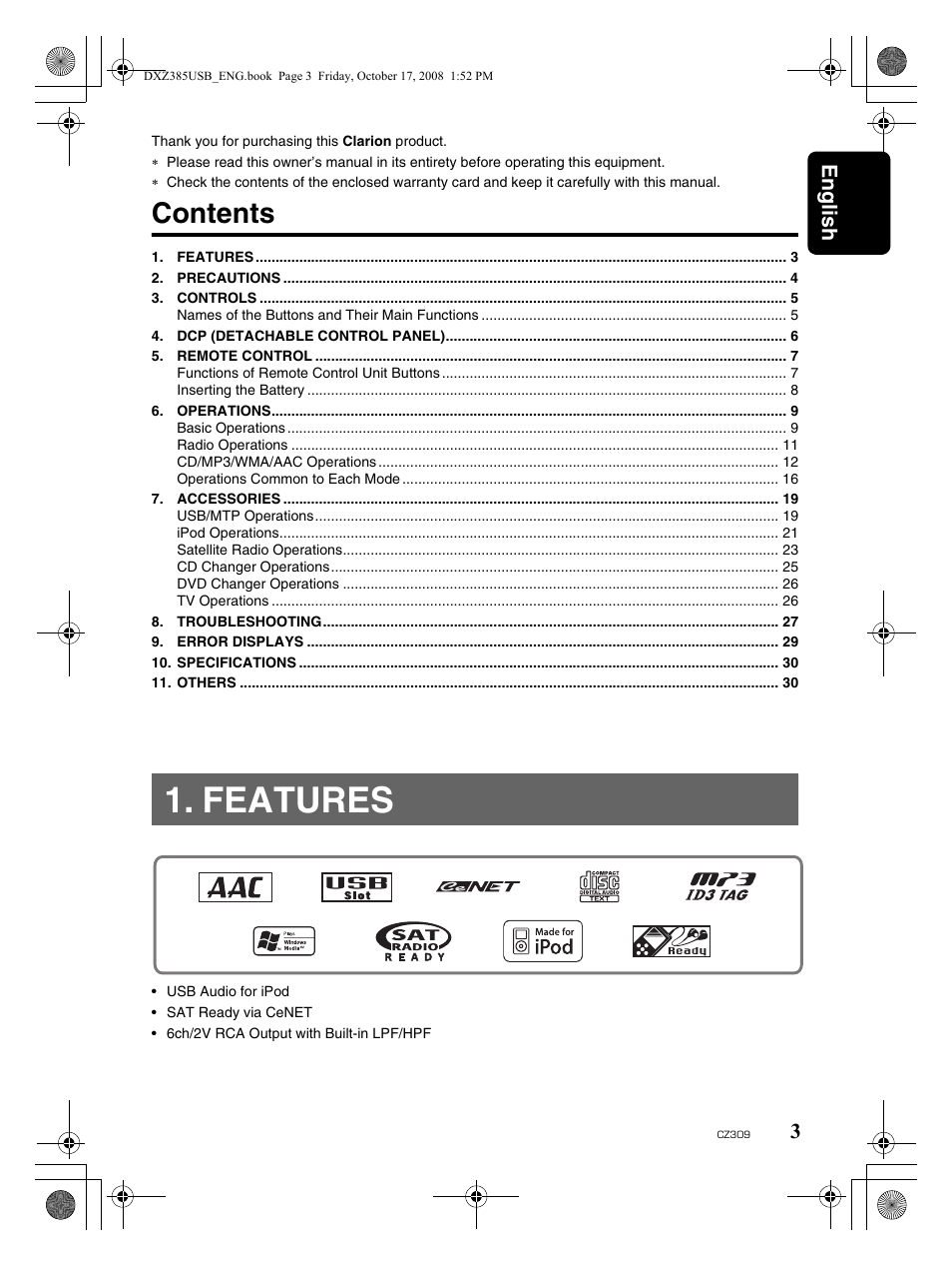 Clarion CD/USB/MP3/WMA/AAC Receiver with CeNET Control CZ309 User Manual | Page 3 / 31
