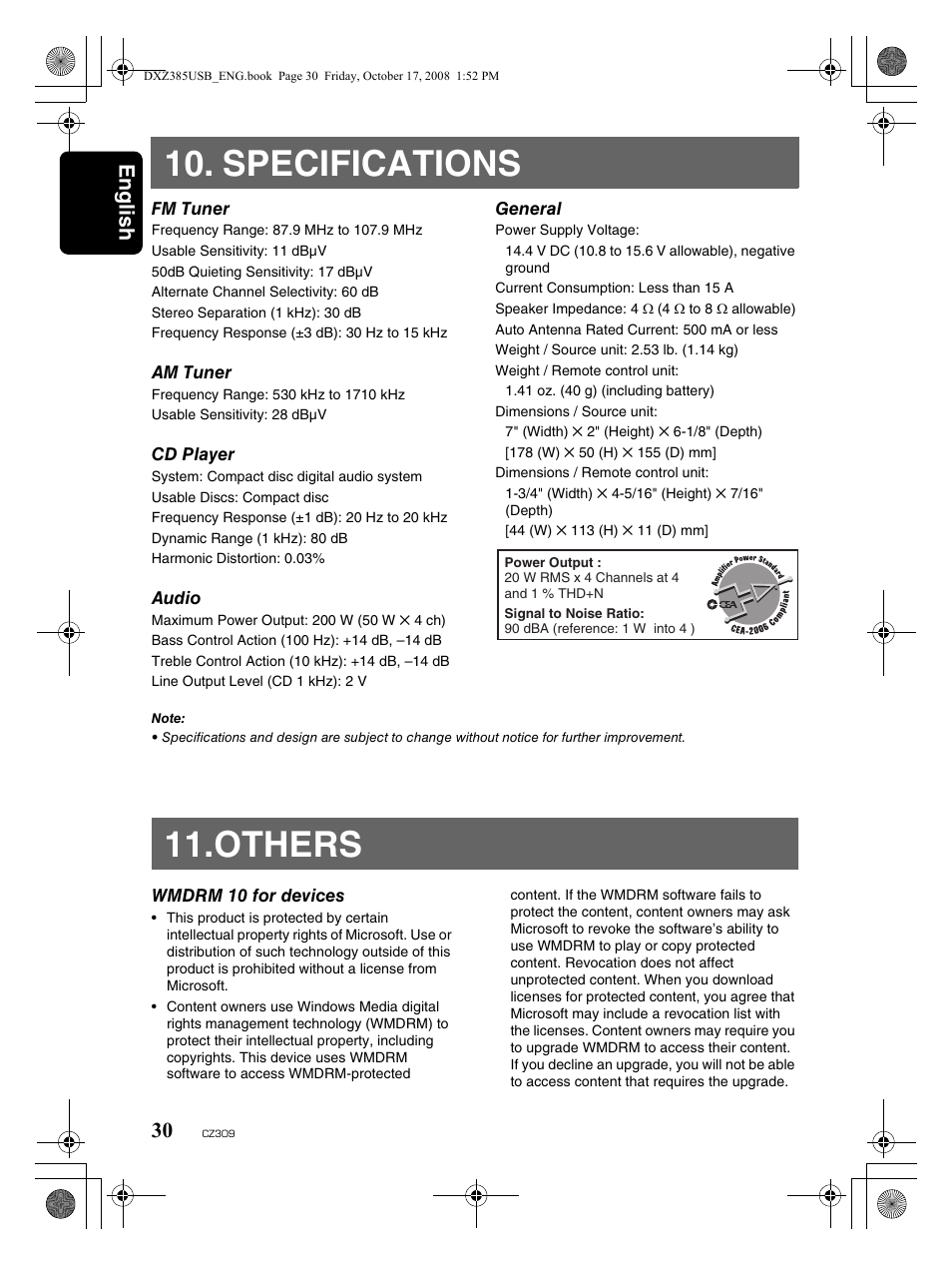 Specifications, Others, English 30 | Clarion CD/USB/MP3/WMA/AAC Receiver with CeNET Control CZ309 User Manual | Page 30 / 31