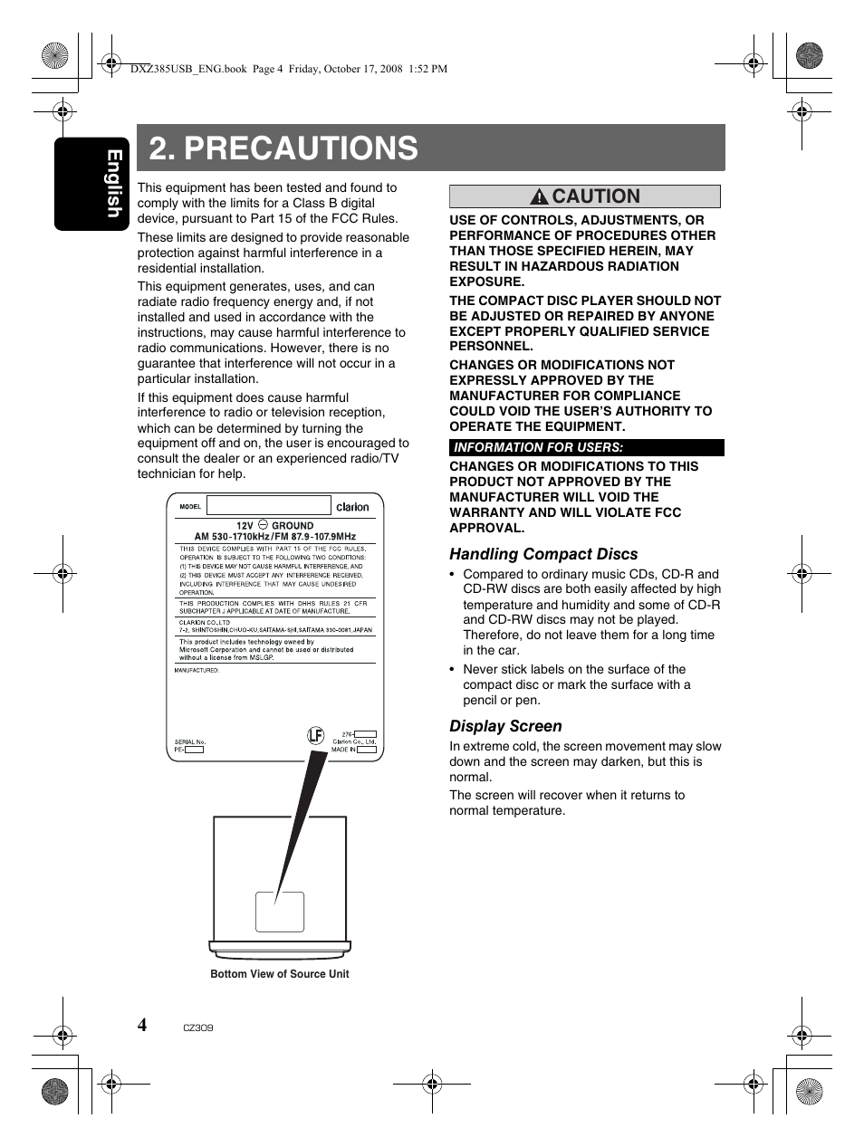 Precautions, English 4, Caution | Clarion CD/USB/MP3/WMA/AAC Receiver with CeNET Control CZ309 User Manual | Page 4 / 31