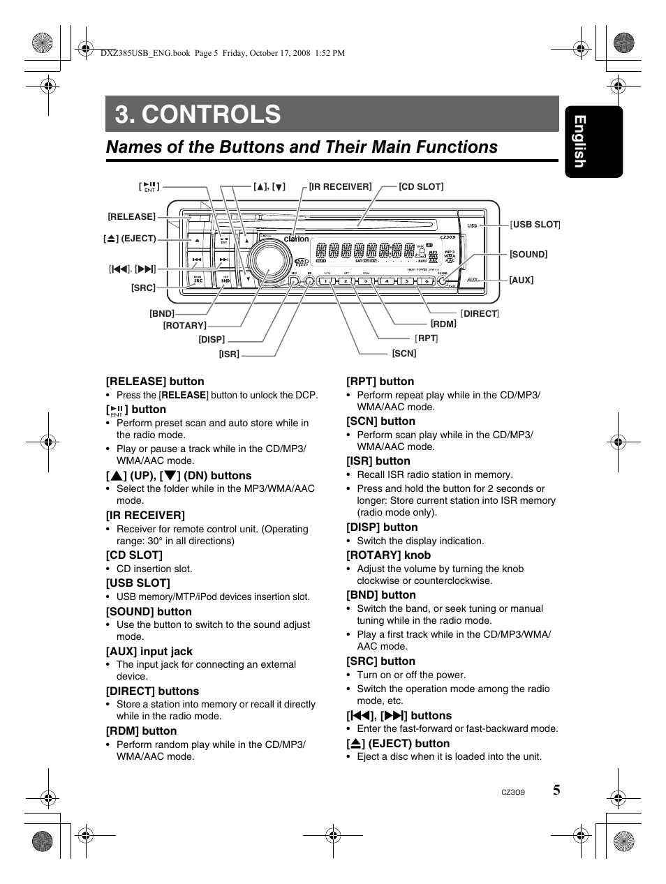 Controls, Names of the buttons and their main functions, English 5 | Clarion CD/USB/MP3/WMA/AAC Receiver with CeNET Control CZ309 User Manual | Page 5 / 31