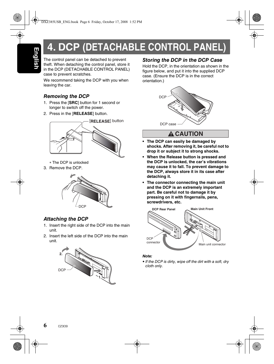 Dcp (detachable control panel), English 6, Caution | Clarion CD/USB/MP3/WMA/AAC Receiver with CeNET Control CZ309 User Manual | Page 6 / 31