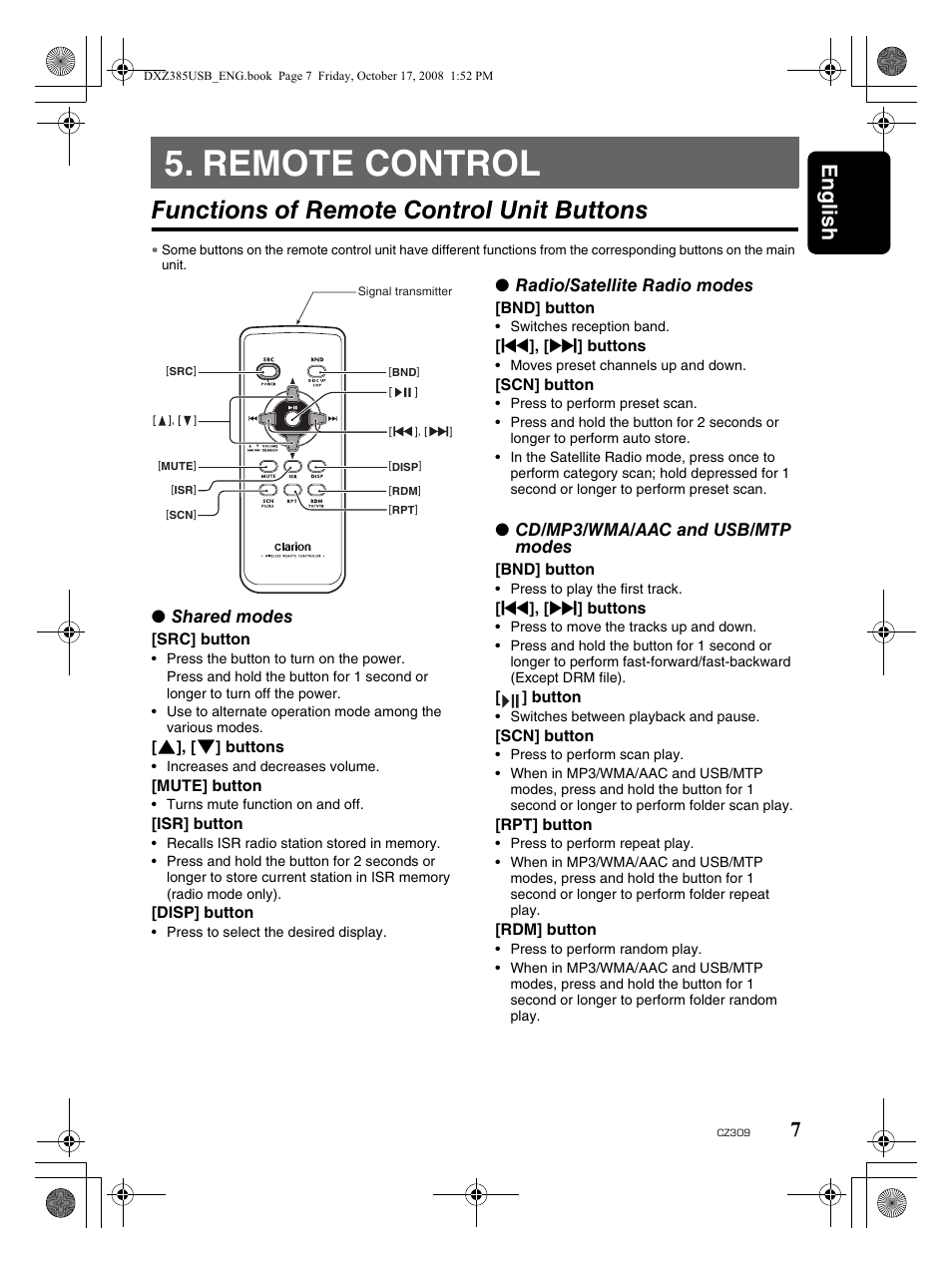 Remote control, Functions of remote control unit buttons, English 7 | Clarion CD/USB/MP3/WMA/AAC Receiver with CeNET Control CZ309 User Manual | Page 7 / 31