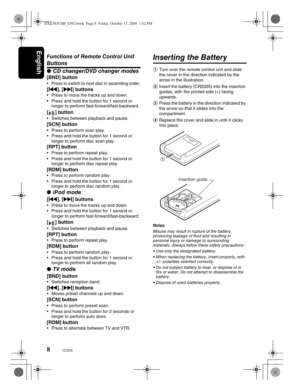 Inserting the battery, English 8 | Clarion CD/USB/MP3/WMA/AAC Receiver with CeNET Control CZ309 User Manual | Page 8 / 31