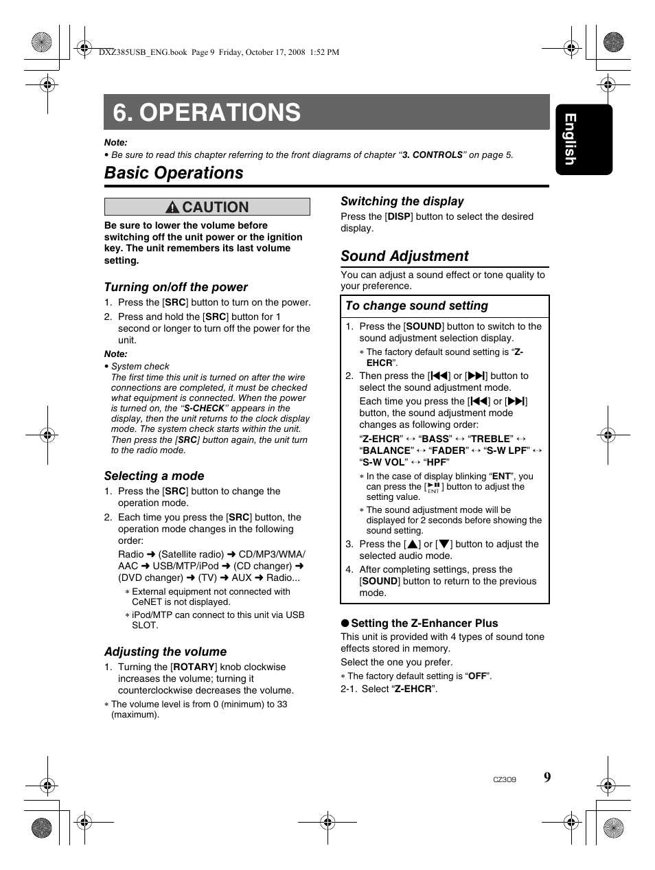 Operations, Basic operations, English 9 | Caution, Sound adjustment | Clarion CD/USB/MP3/WMA/AAC Receiver with CeNET Control CZ309 User Manual | Page 9 / 31