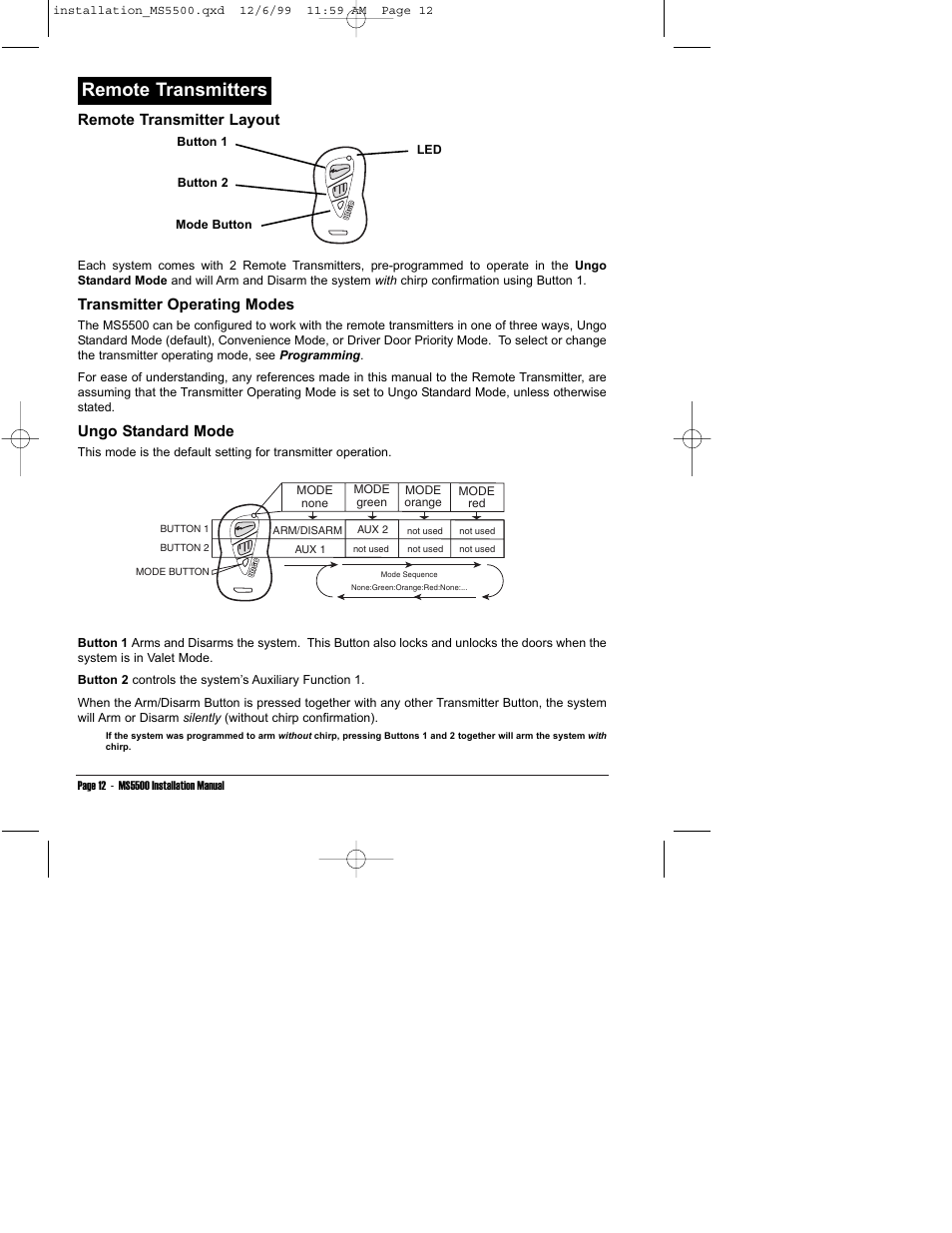 Remote transmitters, Remote transmitter layout, Transmitter operating modes | Ungo standard mode | Clarion UNGO MS5500 User Manual | Page 16 / 32