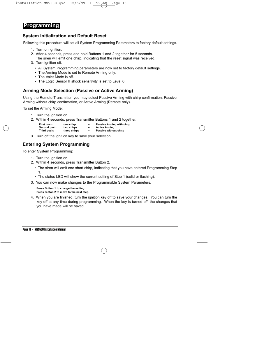 Programming, System initialization and default reset, Arming mode selection (passive or active arming) | Entering system programming | Clarion UNGO MS5500 User Manual | Page 20 / 32