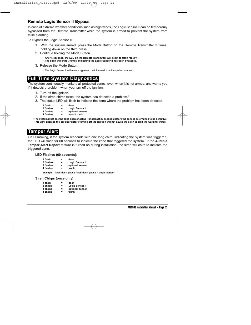 Full time system diagnostics tamper alert, Remote logic sensor ii bypass | Clarion UNGO MS5500 User Manual | Page 25 / 32