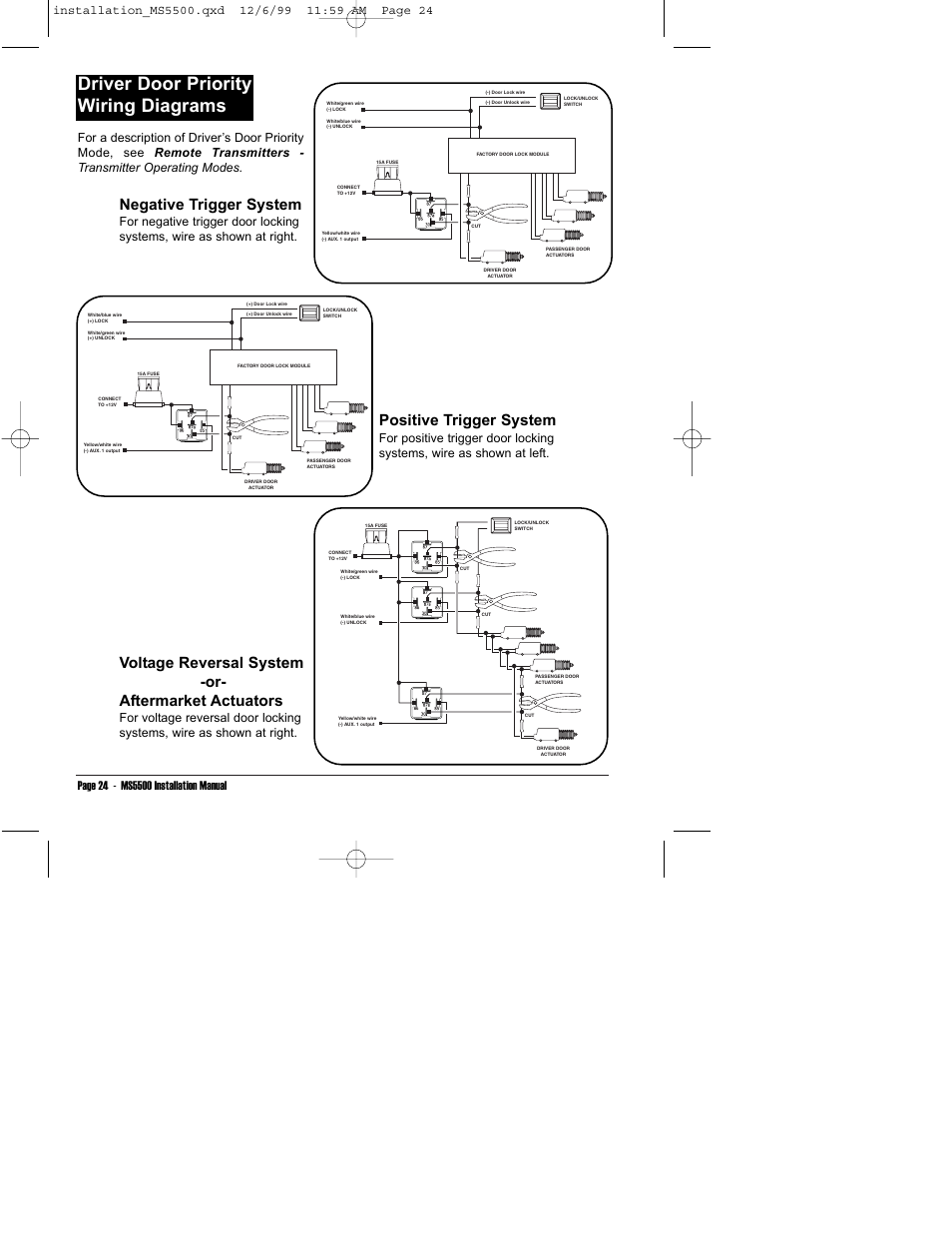 Driver door priority wiring diagrams, Positive trigger system, Negative trigger system | Voltage reversal system -or- aftermarket actuators | Clarion UNGO MS5500 User Manual | Page 28 / 32