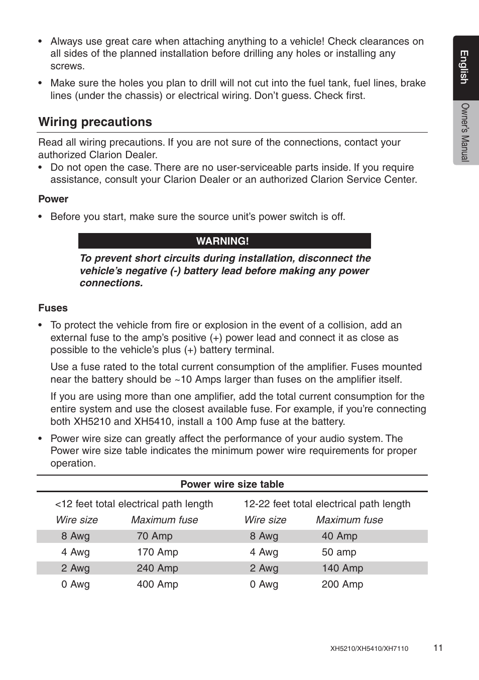 Wiring precautions | Clarion XH7110 User Manual | Page 11 / 76