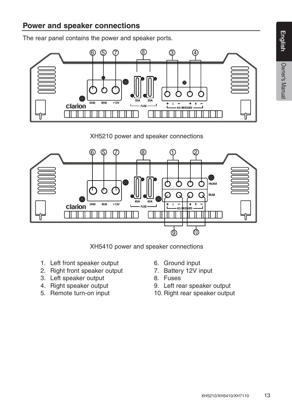 Power and speaker connections | Clarion XH7110 User Manual | Page 13 / 76