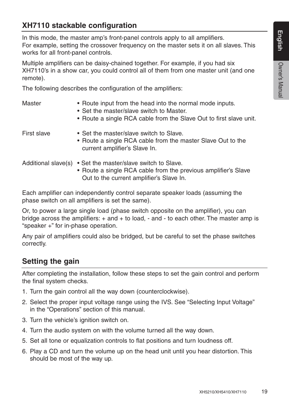 Xh7110 stackable configuration, Setting the gain | Clarion XH7110 User Manual | Page 19 / 76