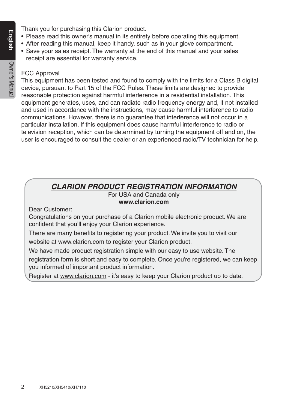 Clarion product registration information | Clarion XH7110 User Manual | Page 2 / 76