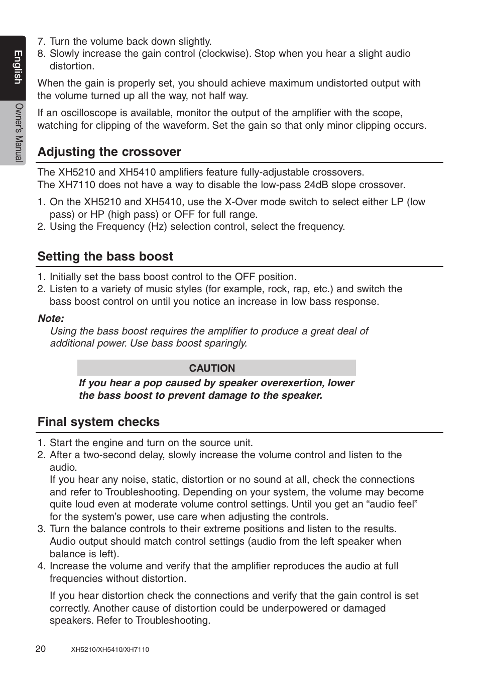 Adjusting the crossover, Setting the bass boost, Final system checks | Clarion XH7110 User Manual | Page 20 / 76