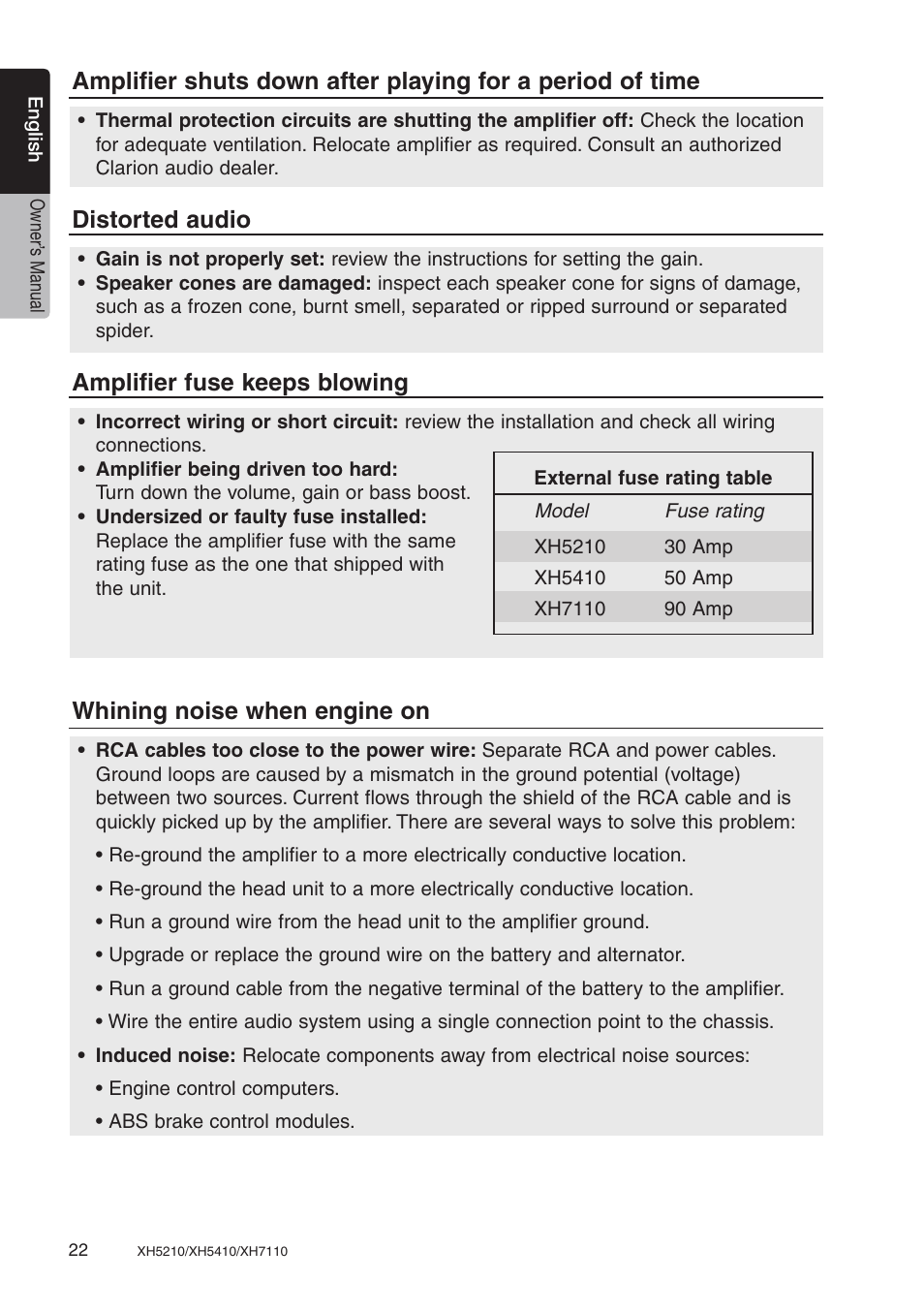 Distorted audio, Amplifier fuse keeps blowing, Whining noise when engine on | Clarion XH7110 User Manual | Page 22 / 76