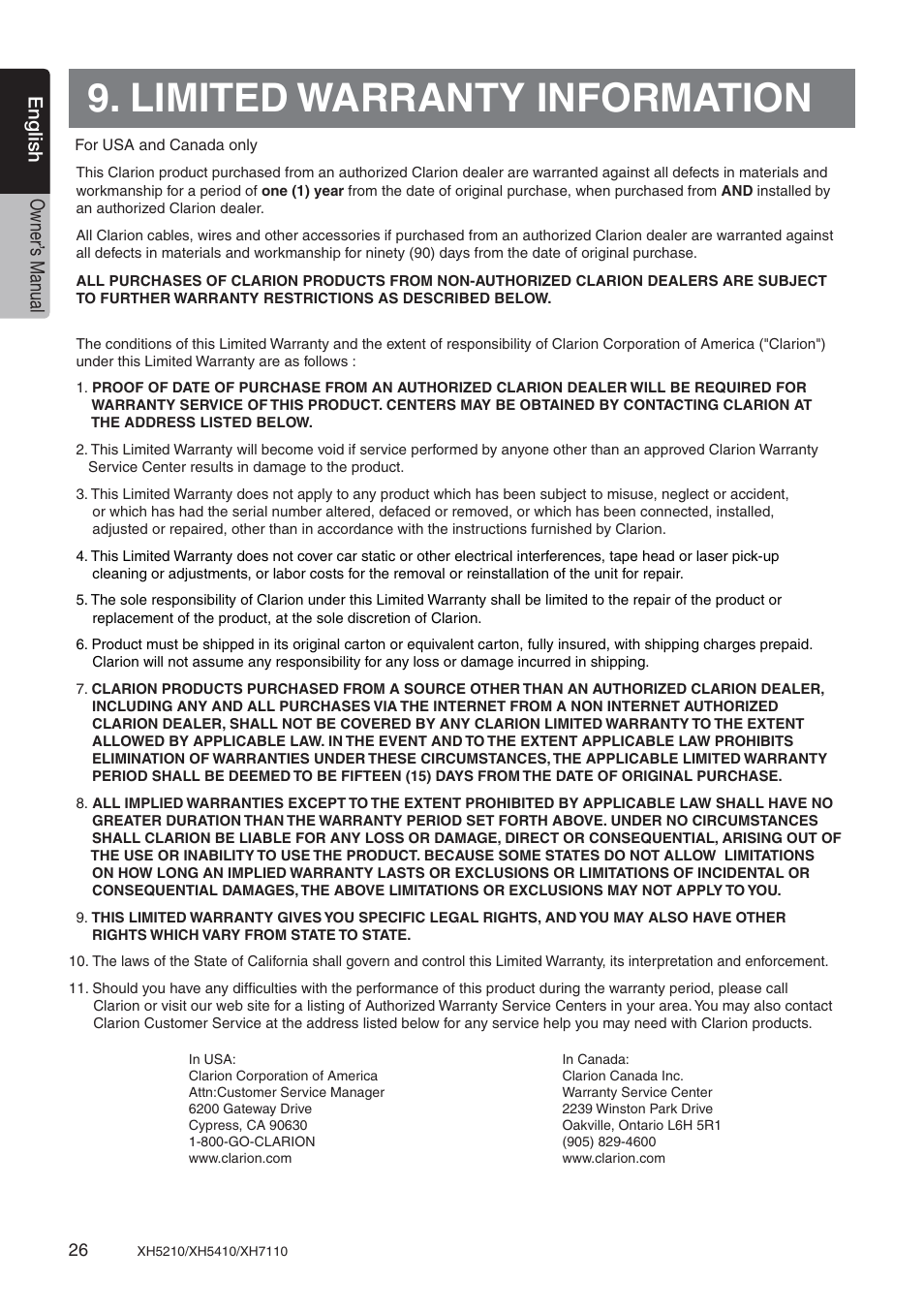 Limited warranty information, English owner’ s manual | Clarion XH7110 User Manual | Page 26 / 76