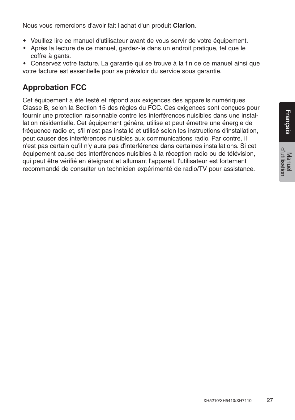 Approbation fcc, Français manuel d’utilisation | Clarion XH7110 User Manual | Page 27 / 76