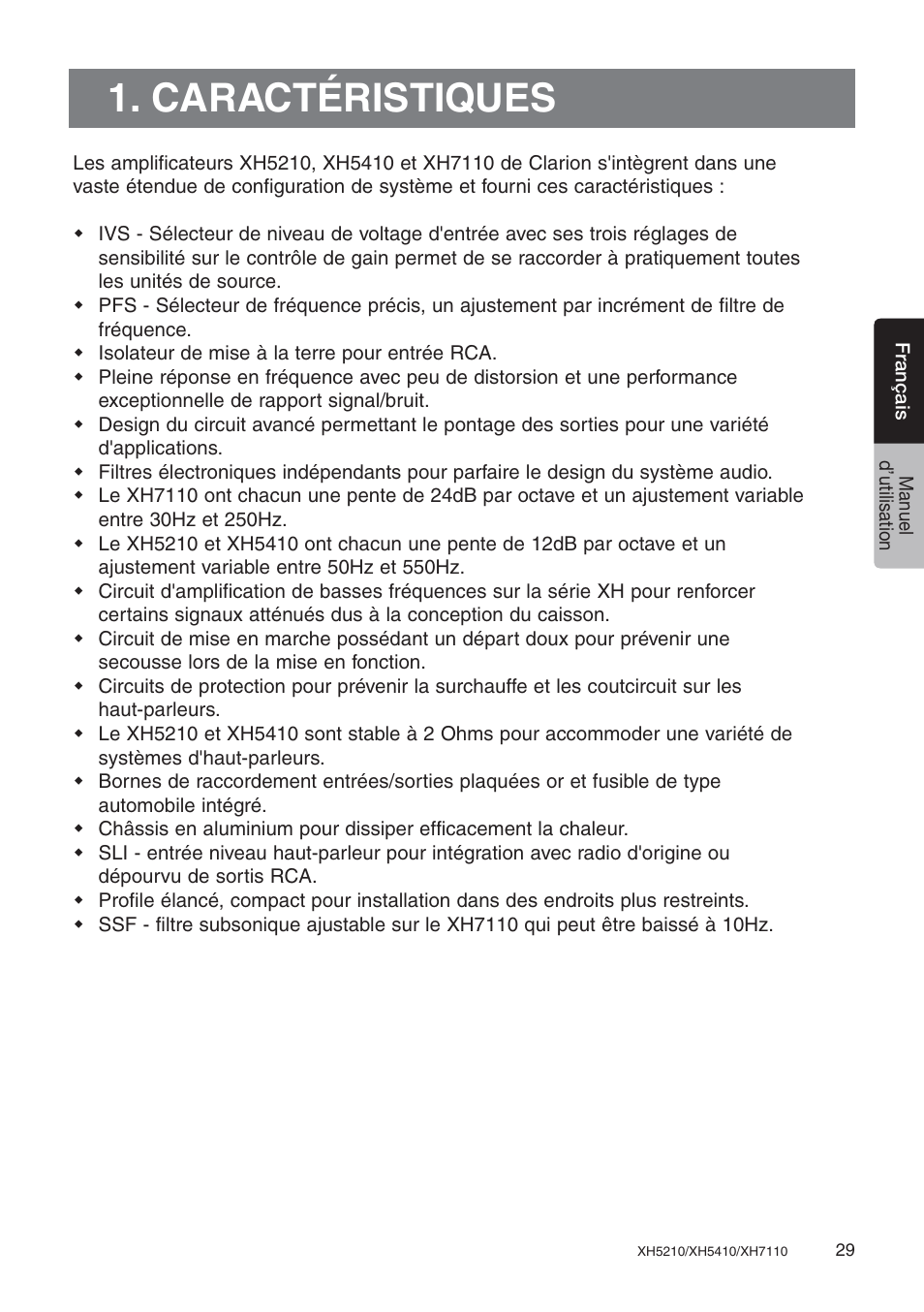 Caractéristiques | Clarion XH7110 User Manual | Page 29 / 76