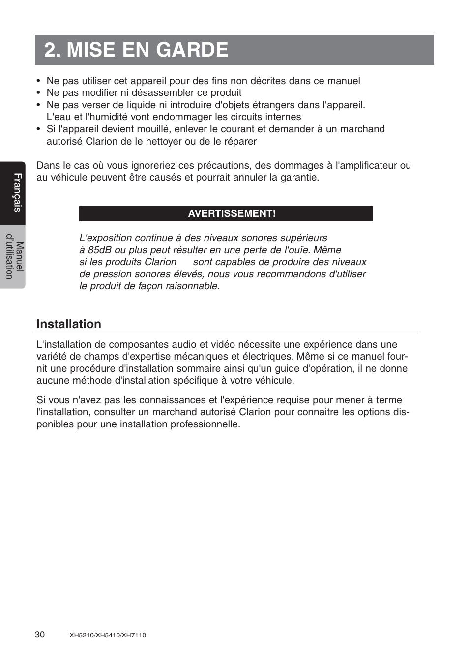 Mise en garde | Clarion XH7110 User Manual | Page 30 / 76