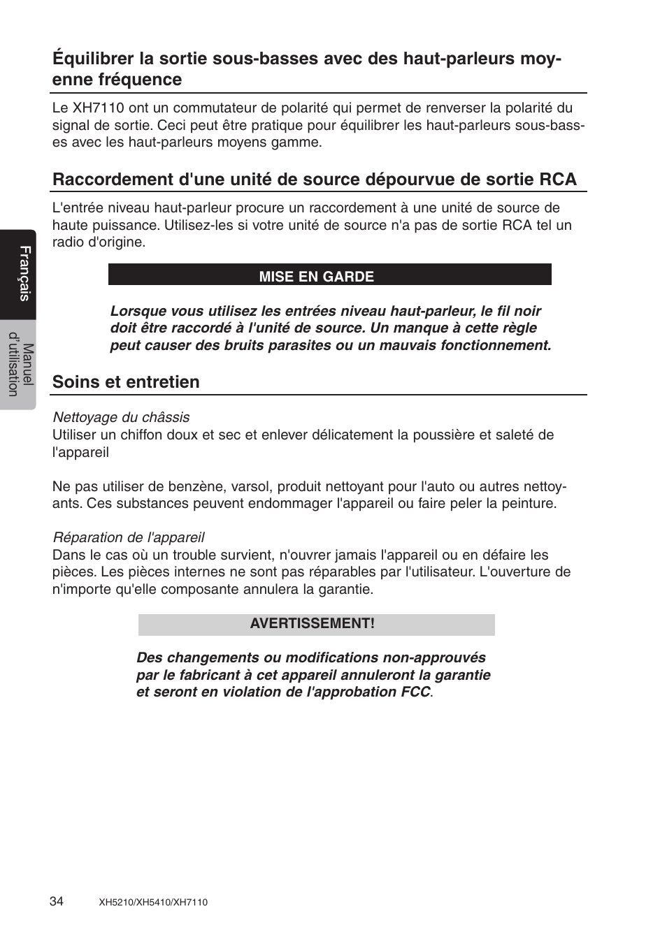 Soins et entretien | Clarion XH7110 User Manual | Page 34 / 76