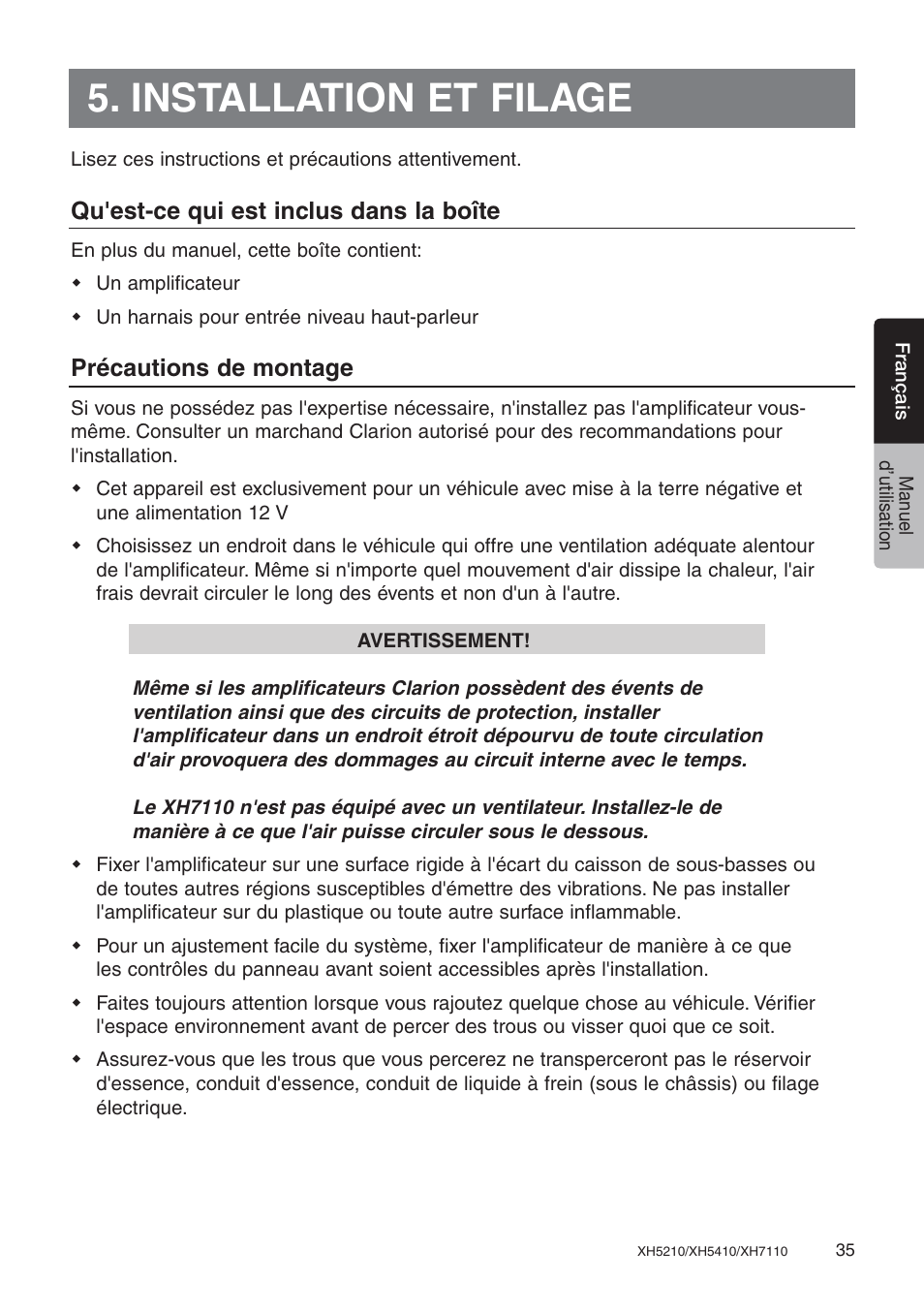 Installation et filage, Qu'est-ce qui est inclus dans la boîte, Précautions de montage | Clarion XH7110 User Manual | Page 35 / 76