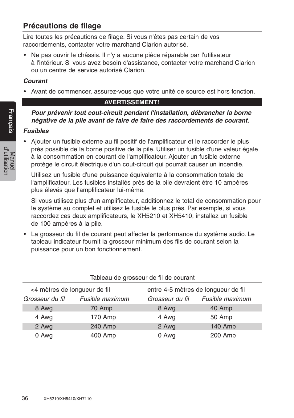 Précautions de filage | Clarion XH7110 User Manual | Page 36 / 76