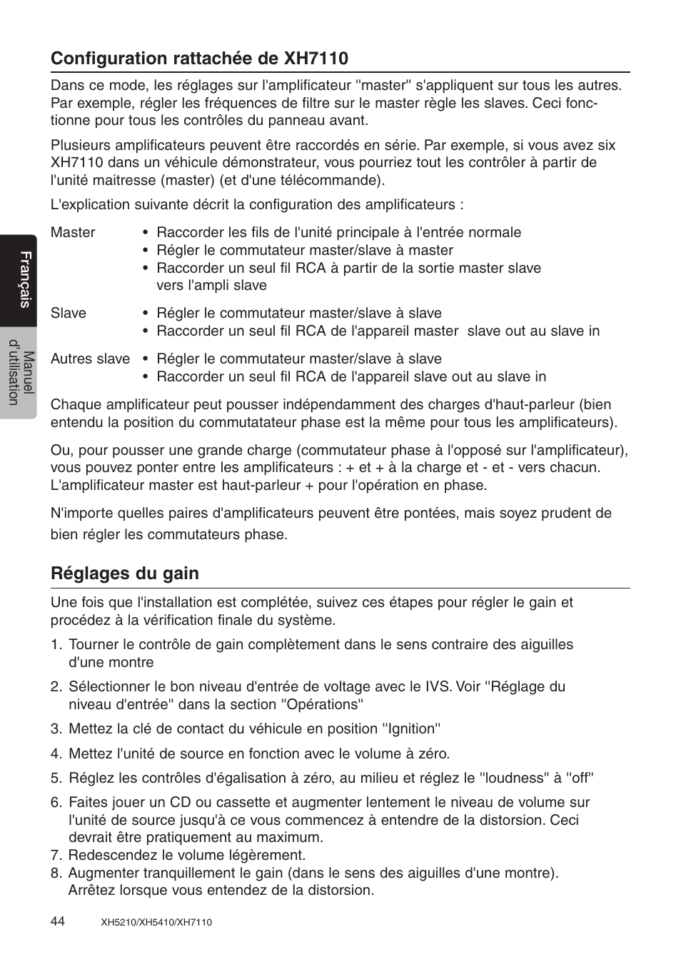 Configuration rattachée de xh7110, Réglages du gain | Clarion XH7110 User Manual | Page 44 / 76