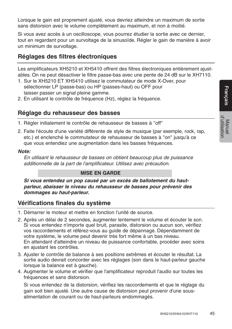 Réglages des filtres électroniques, Réglage du rehausseur des basses, Vérifications finales du système | Clarion XH7110 User Manual | Page 45 / 76