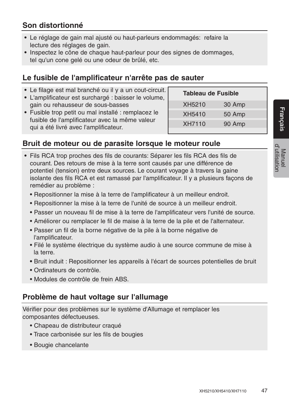 Son distortionné, Problème de haut voltage sur l'allumage | Clarion XH7110 User Manual | Page 47 / 76