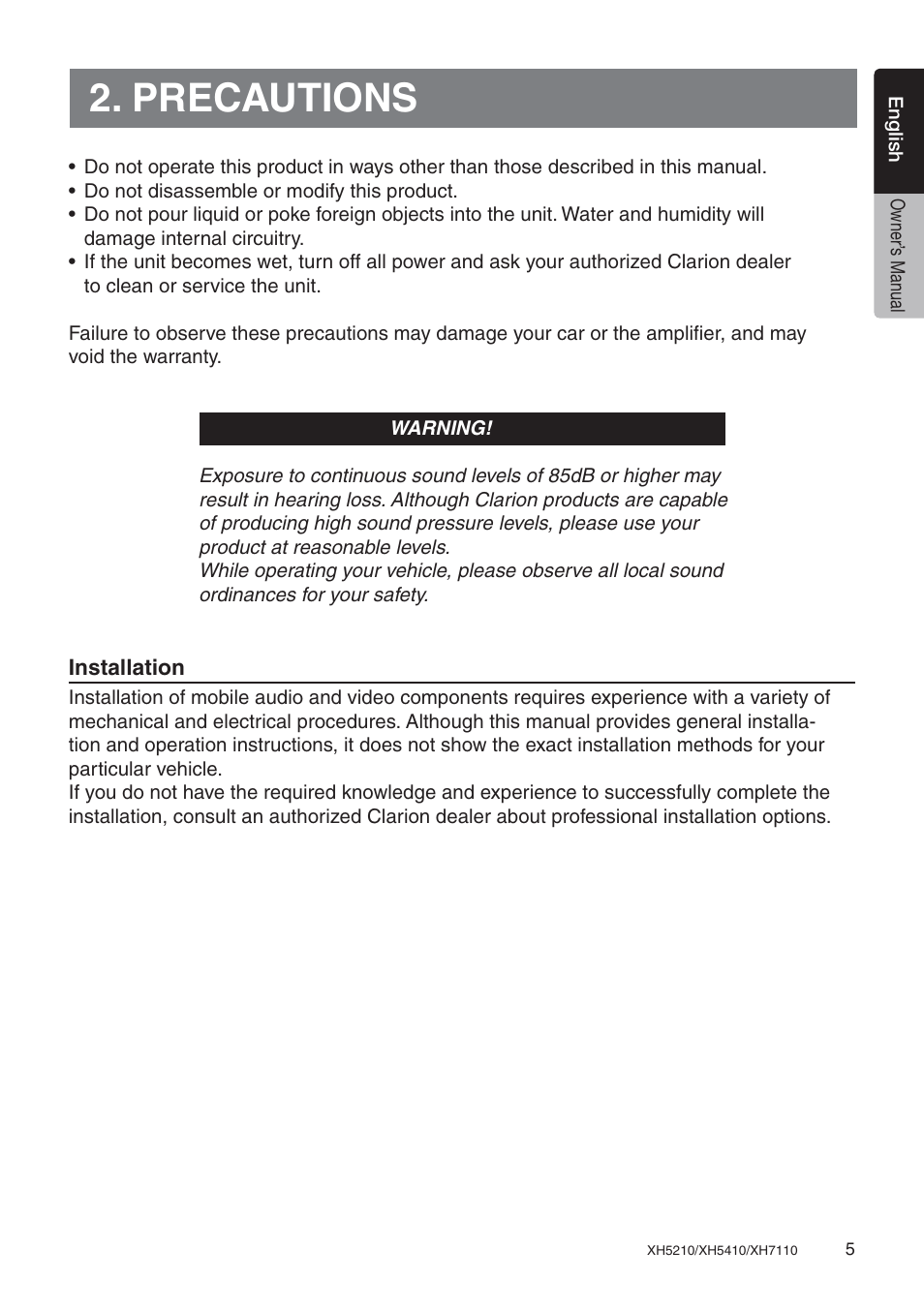 Precautions | Clarion XH7110 User Manual | Page 5 / 76