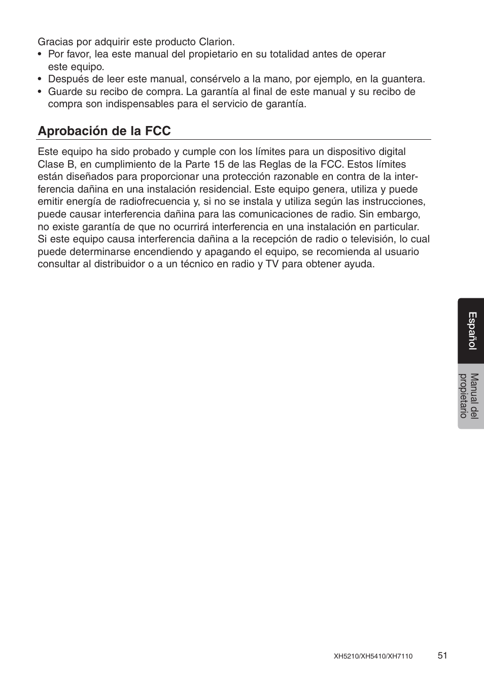Aprobación de la fcc | Clarion XH7110 User Manual | Page 51 / 76