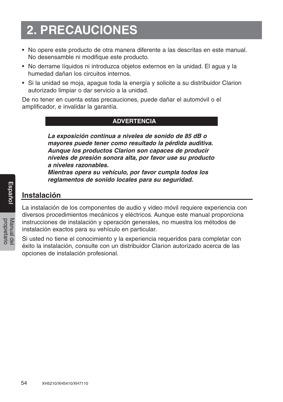 Precauciones | Clarion XH7110 User Manual | Page 54 / 76