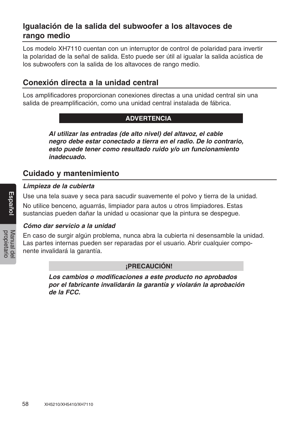 Conexión directa a la unidad central, Cuidado y mantenimiento | Clarion XH7110 User Manual | Page 58 / 76