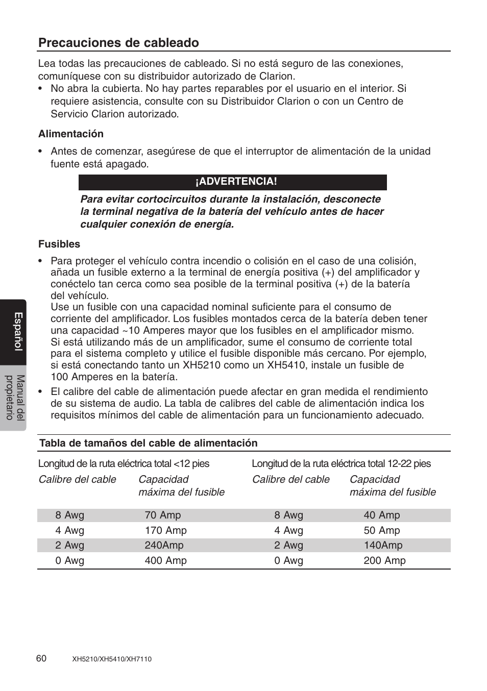 Precauciones de cableado | Clarion XH7110 User Manual | Page 60 / 76