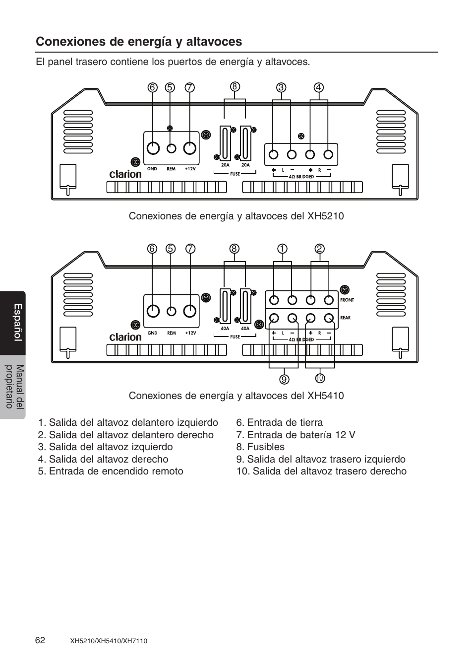 Conexiones de energía y altavoces | Clarion XH7110 User Manual | Page 62 / 76