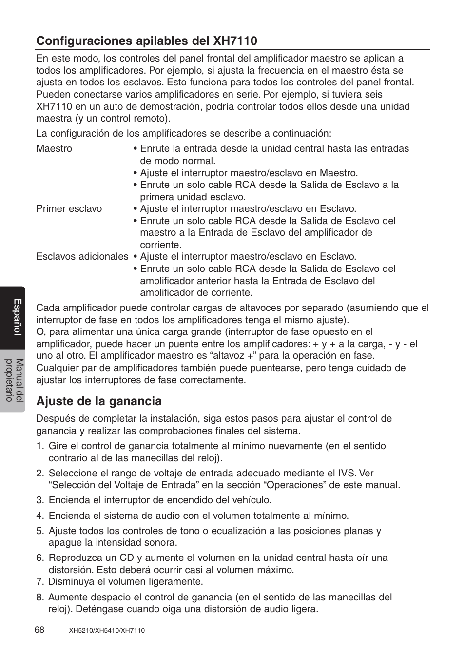 Configuraciones apilables del xh7110, Ajuste de la ganancia | Clarion XH7110 User Manual | Page 68 / 76