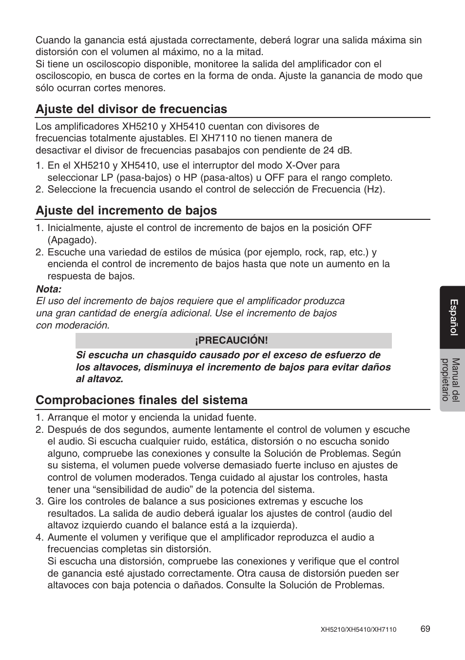 Ajuste del divisor de frecuencias, Ajuste del incremento de bajos, Comprobaciones finales del sistema | Clarion XH7110 User Manual | Page 69 / 76