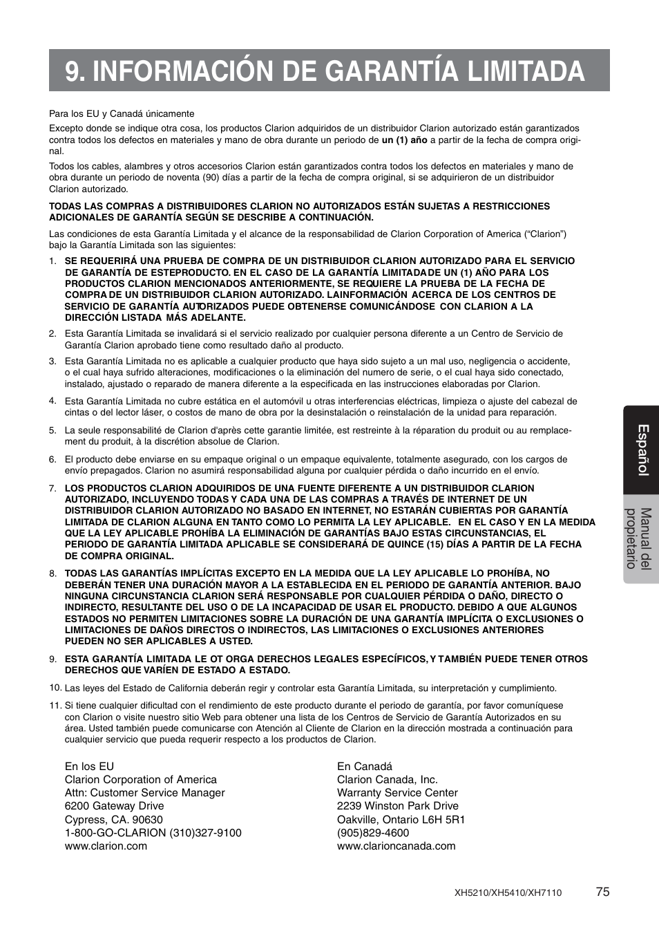 Información de garantía limitada, Español manual del pr opietario | Clarion XH7110 User Manual | Page 75 / 76