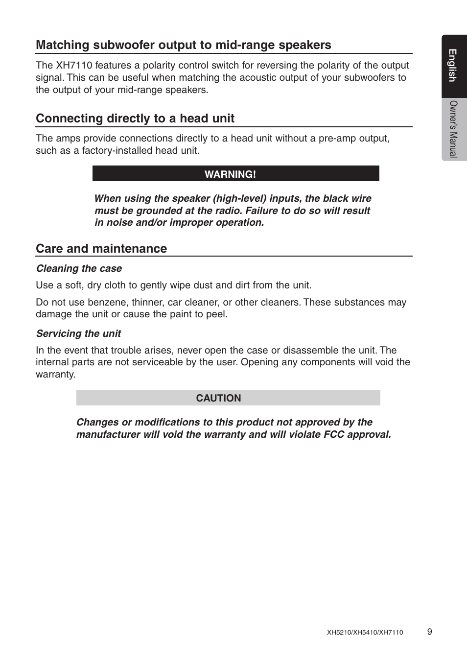 Matching subwoofer output to mid-range speakers, Connecting directly to a head unit, Care and maintenance | Clarion XH7110 User Manual | Page 9 / 76