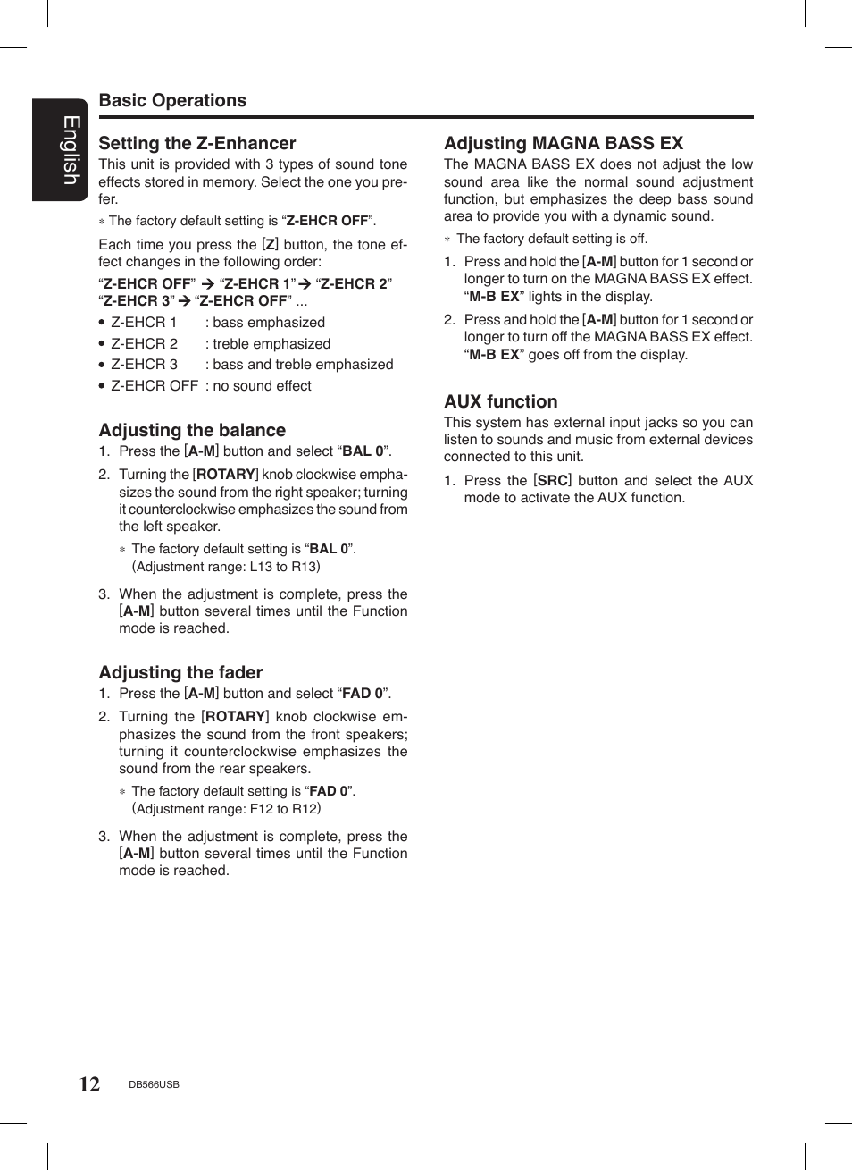 12 english, Basic operations adjusting the balance, Adjusting the fader | Adjusting magna bass ex, Aux function, Setting the z-enhancer | Clarion DB566USB User Manual | Page 10 / 24