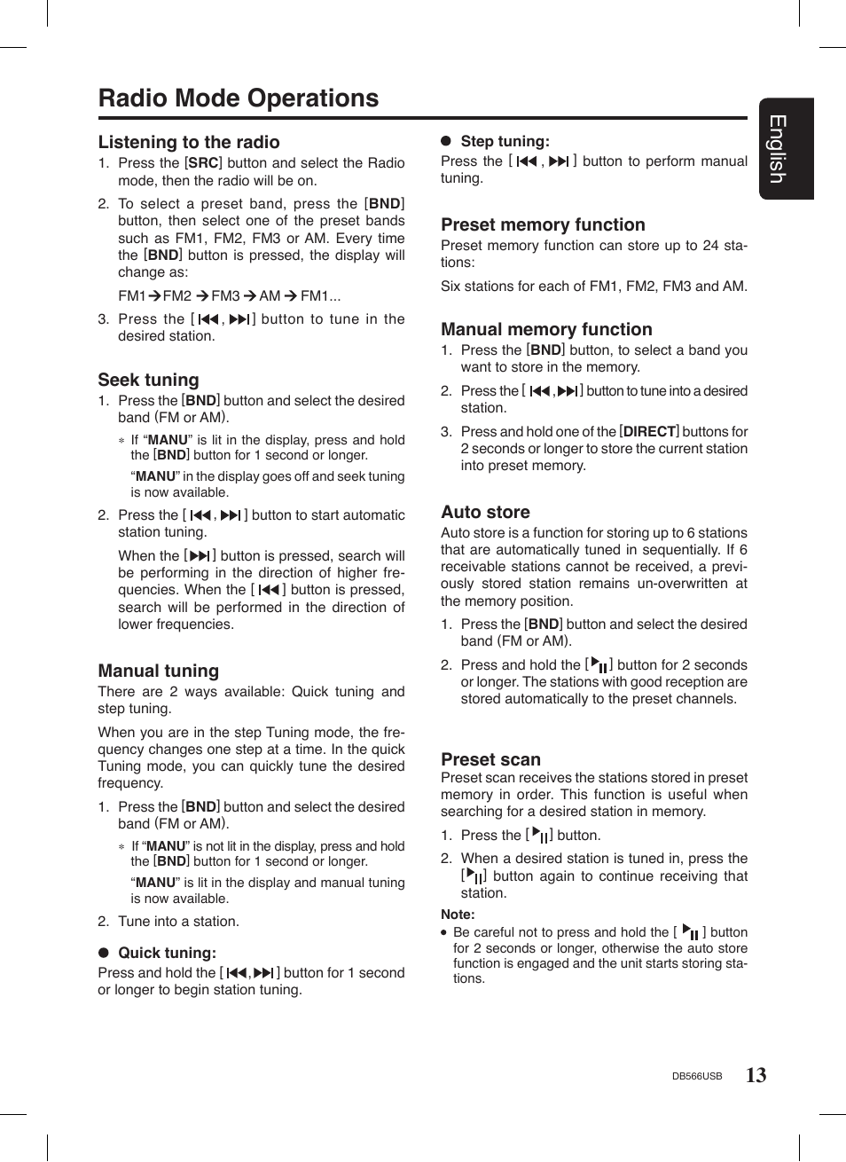 Radio mode operations, 13 english, Listening to the radio | Seek tuning, Manual tuning, Auto store, Preset scan | Clarion DB566USB User Manual | Page 11 / 24