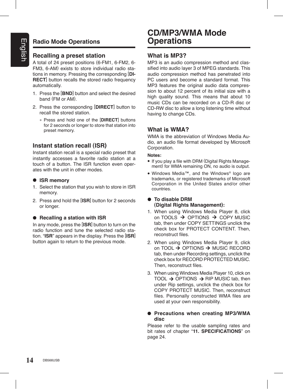 Cd/mp3/wma mode operations, 14 english, Recalling a preset station | Radio mode operations instant station recall (isr), What is mp3, What is wma | Clarion DB566USB User Manual | Page 12 / 24