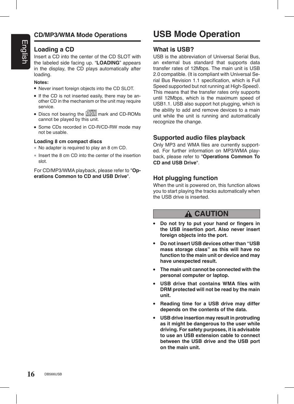 Usb mode operation, 16 english, Caution | Clarion DB566USB User Manual | Page 14 / 24