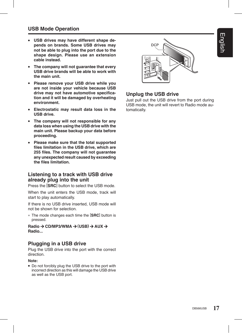 17 english, Plugging in a usb drive, Unplug the usb drive | Usb mode operation | Clarion DB566USB User Manual | Page 15 / 24