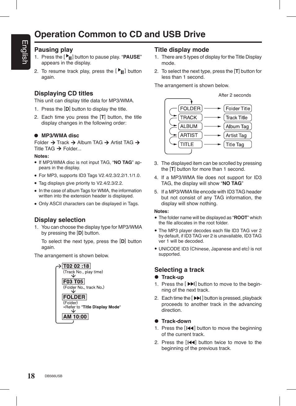 Operation common to cd and usb drive, 18 english, Title display mode | Selecting a track, Pausing play, Displaying cd titles, Display selection | Clarion DB566USB User Manual | Page 16 / 24