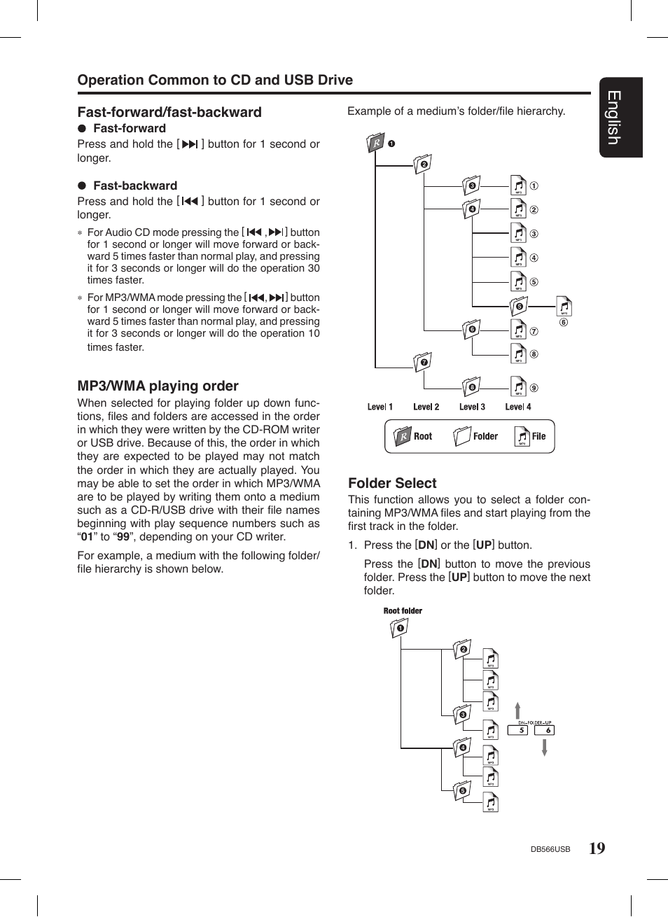 19 english, Mp3/wma playing order, Folder select | Clarion DB566USB User Manual | Page 17 / 24