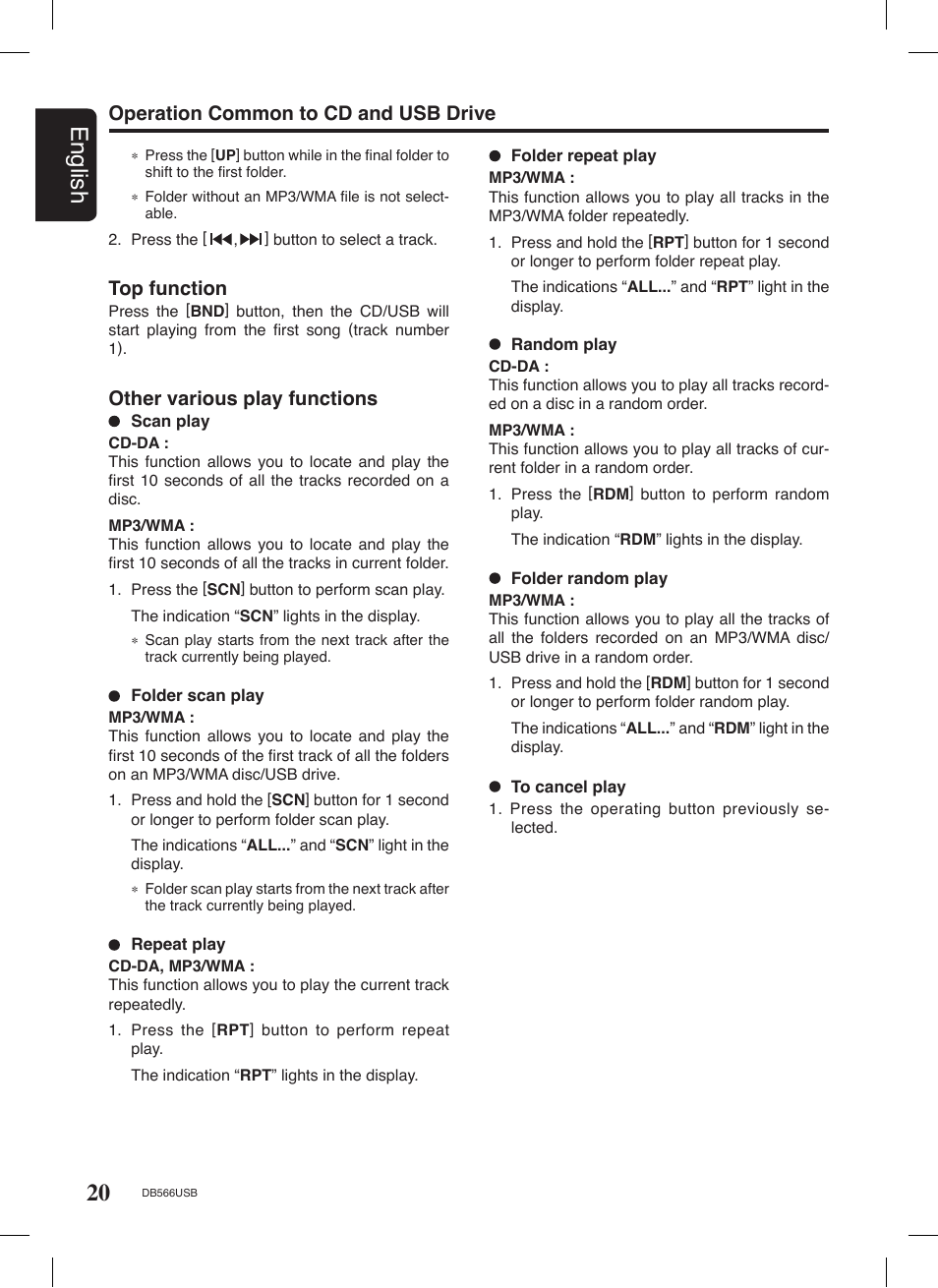 20 english, Operation common to cd and usb drive, Top function | Other various play functions | Clarion DB566USB User Manual | Page 18 / 24