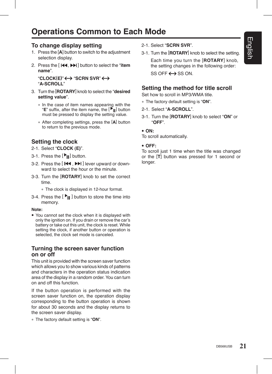 Operations common to each mode, 21 english, Turning the screen saver function on or off | Setting the method for title scroll, Setting the clock | Clarion DB566USB User Manual | Page 19 / 24